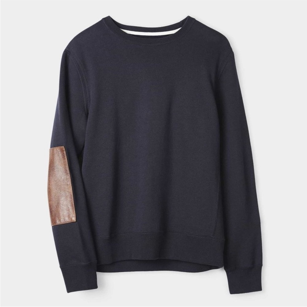 Billy Reid Navy Crewneck Sweater with Brown Patch